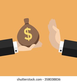 Businessman hand refusing the offered bribe money bag