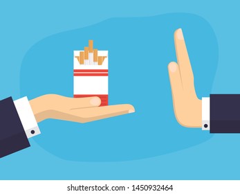 Businessman Hand Refusing The Offered Cigarette Box Vector Illustration. Flat Design Style. No Smoke Life Concept. Rejection Gesture