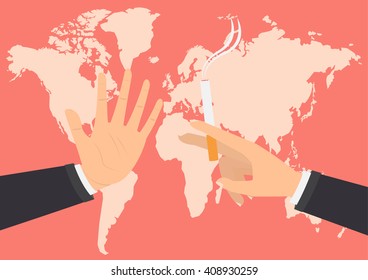 Businessman hand refusing the offered a cigarette for smoking on world map background. Vector illustration flat design World No Tobacco Day concept.
