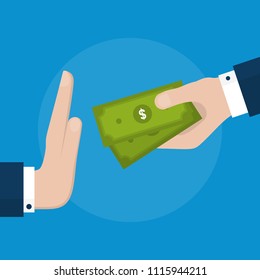 Businessman Hand Refusing The Offered  Dollar Banknotes Illustration. Flat Design Style. Business Concept