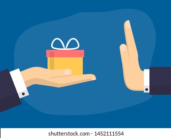 Businessman Hand Refusing The Offered Gift Box Vector Illustration. Flat Design Style. Business Concept. Rejection Gesture