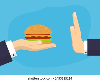 Businessman Hand Refusing The Offered Hamburger Vector Illustration. Flat Design Style. Healthy Food Concept. Rejection Gesture