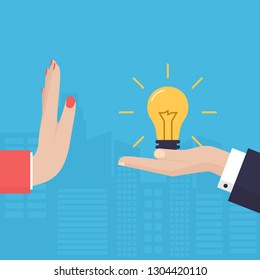 Businessman Hand Refusing The Offered Idea Light Bulb Illustration. Flat Design Style. Business Concept. Rejection Gesture 