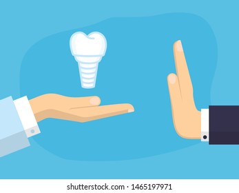 Businessman Hand Refusing The Offered Implant Tooth Vector Illustration. Flat Design Style.  Rejection Gesture
