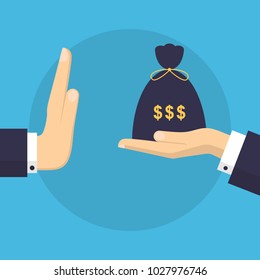 Empresario rechaza el dinero ofrecido en la ilustración de vectores de bolsa. Estilo de diseño plano. Concepto de negocio. Corrupción, deshonestidad