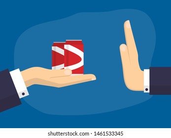 Businessman Hand Refusing The Offered Soda Can Vector Illustration. Flat Design Style. Healthy Food Concept. Rejection Gesture