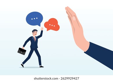 Businessman hand reject or deny employee request, rejection, decline or refuse in conversation, say no or disapprove, disagreement, deny request or manager decision authority, work conflict concept