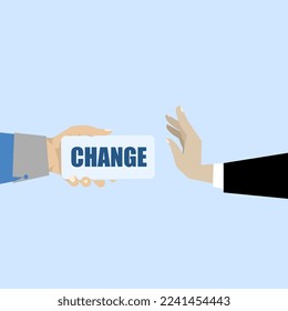 businessman hand rejected or refuse to get change card. Status quo bias, fear or refusal to change, fear of changing risks or refusing to make decisions concept, comfort zone or conservative thinking.