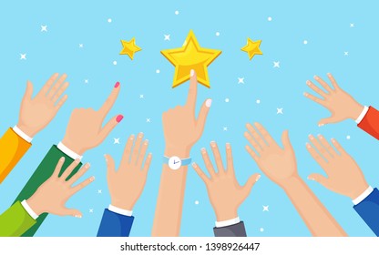 Businessman hand rising to star. Business success, celebrity concept. Vector cartoon design