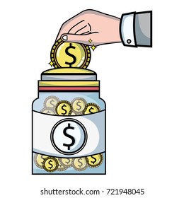businessman hand saving the coin in the glass jar