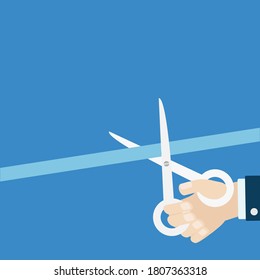 Businessman hand scissors cut the straight ribbon right corner. Opening ceremony. Inauguration Flat design style. Isolated template. Blue background. Vector illustration