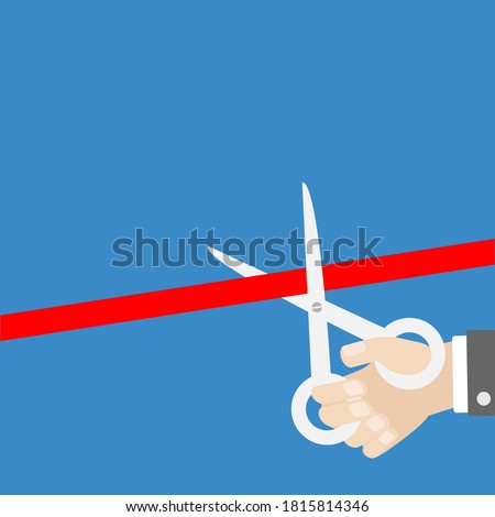 Businessman hand scissors cut the straight red ribbon. Grand opening ceremony. Inauguration Flat design style. Isolated template. Blue background. Vector illustration