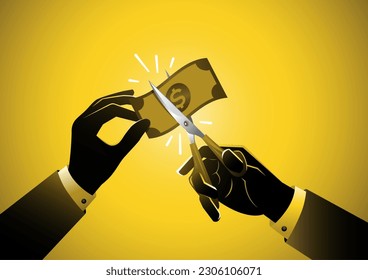 Businessman hand with scissors cutting off a dollar banknote, a risk to the American economy since the brics refuse to conduct trade in dollars