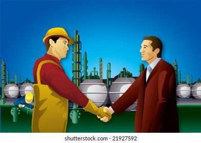 Businessman hand shake with plant worker