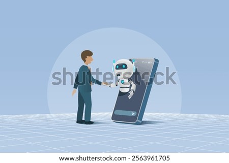 Businessman hand shaking with AI robot on smartphone. Smart working with artificial intelligence technology analyzing business information and develop smart solution. Vector.