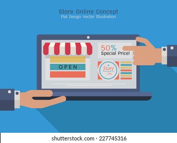 Businessman hand showing and presenting computer laptop with store online in screen. Flat design elements. 