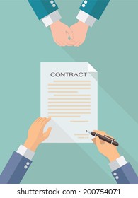 Businessman hand sign business contract paper sheet after agreement, trendy flat design with shadow, top view.  