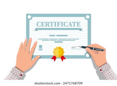 Businessman hand signs certificate. Diploma or accreditation with yellow stamp and red ribbons. Voucher or invitation. Graduation concept. Vector illustration in flat style