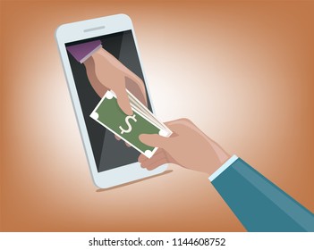 businessman hand from smart phone monitor giving money to another hand, online money transactions concept