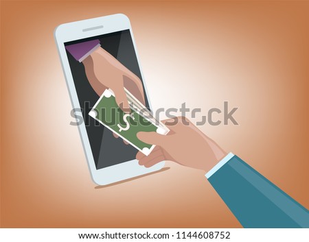 businessman hand from smart phone monitor giving money to another hand, online money transactions concept