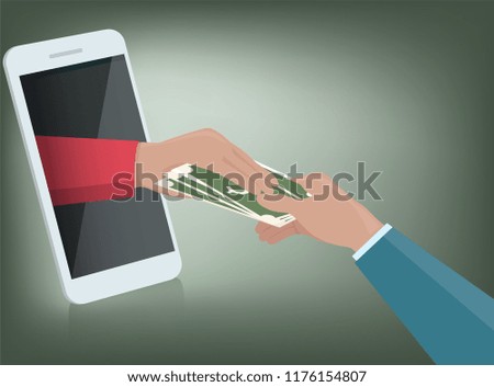 businessman hand from smart phone monitor giving money to another hand,
online money transactions concept