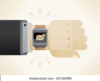 Businessman hand with smart watch with unread e-mail or SMS message icon on the screen.
Idea - Business message, negotiations, new technologies in modern business