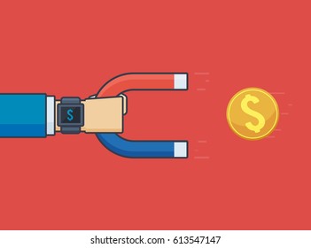 Businessman Hand with Smartwatch Holding Horseshoe Magnet Attracting Gold Coin Money - Vector Illustration