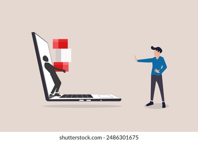 Businessman hand with stop gesture rejecting online shopping with products on sale