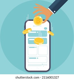 Businessman hand in suit hold bitcoin and on mobile crypto app being bitcoin investment on smartphone concept. vector design.