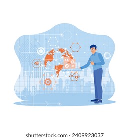 Businessman hand with tablet and blurred city background. Using high technology and communications in global business. Technology and finance concept. Trend Modern vector flat illustration