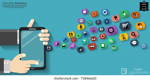  Businessman Hand and Tablet - Text Technology 2018  Business  -  modern Idea and Concept Vector illustration Business Infographic template with icon Polygon . 