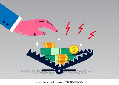 Businessman hand take money from trap risk for easy earning. Man employee involved in risky business deal or offer. Doubtful startup or project. Flat vector illustration, cartoon character. 