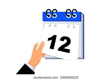 Businessman hand tearing off calendar sheet icon. Tear off calendar sheet. Tear-off calendar. Off date. Deadline concept. Vector illustration flat design