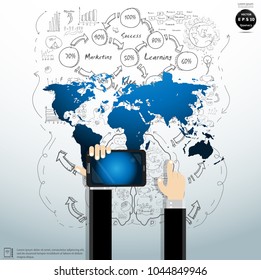  Businessman Hand and Technology  Tablet - World map blue - Background Plan Business - modern Idea and Concept Vector illustration Business.