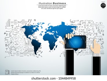  Businessman Hand and Technology  Tablet - World map blue - Background Plan Business - modern Idea and Concept Vector illustration Business.