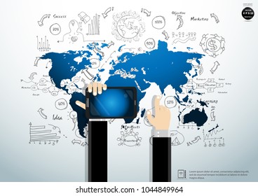  Businessman Hand and Technology  Tablet - World map blue - Background Plan Business - modern Idea and Concept Vector illustration Business.