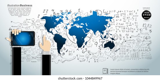  Businessman Hand and Technology  Tablet - World map blue - Background Plan Business - modern Idea and Concept Vector illustration Business.