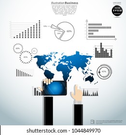  Businessman Hand and Technology  Tablet - World map blue - Background Plan Business - modern Idea and Concept Vector illustration Business.