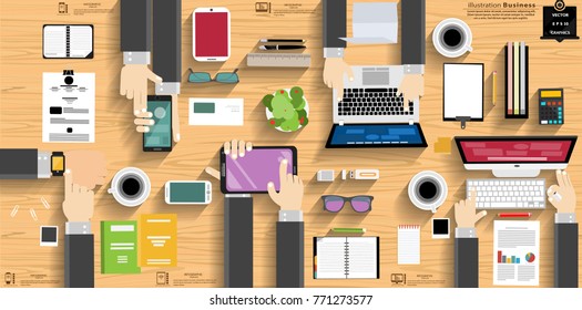  Businessman Hand and Technology,Watch,Cellphone,Tablet ,Laptop,Computer  -  modern Idea and Concept Vector illustration Business Infographic template with work Accessories,icon,background Wood.
