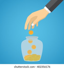 Businessman hand throwing a glass jar gold coin. Financial concept.