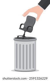 Businessman hand throws an office chair into giant trash can. Dismissal, staff reduction, optimization. Recession leads to unemployment. flat vector illustration