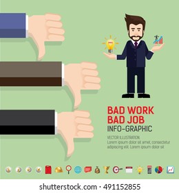 Businessman hand thumb down concept on green background. Bad work concept. Dislike icon. Use for business, marketing, creative, web design and graphics. Vector, Background.