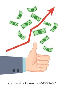 Businessman Hand Thumb Up Growth Business Graph Arrow. Money Thumb Concept. Flat, Vector, Illustration, Cartoon, EPS10.   