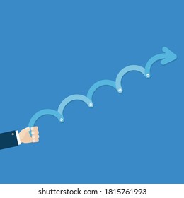 Businessman hand with Timeline up upwards arrow screw. Infographic Template. Flat design. Blue background. Isolated. Vector illustration