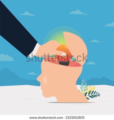 Businessman hand took the light bulb from inside the head. Stealing ideas concept vector