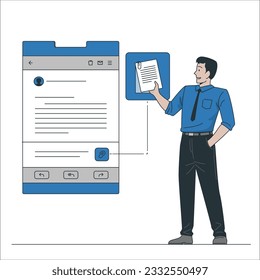 Iconos pdf de pantalla táctil manual de hombre de negocios en una tableta. concepto de internet y tecnología. El usuario escribe correos electrónicos y adjunta archivos mediante un software cliente de correo electrónico. Gráficos de correo electrónico adjuntos de archivos. 2002