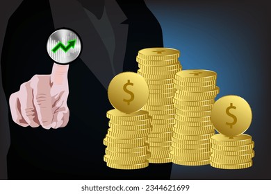 Businessman hand touching ARROW UP button with golden coin dollar on virtual screen. Stock market investment trading graph on blue background. Vector illustration design.