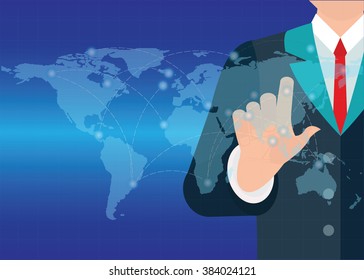 Businessman hand touching button world map with new modern computer, conceptual vector illustration.