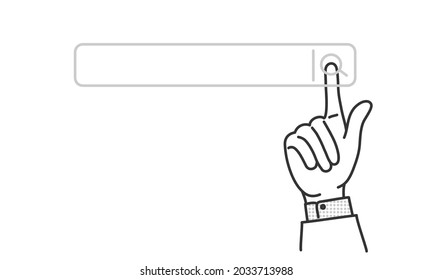 Businessman hand touching magnifying glass icon search. Hand drawn vector illustration. Black and white.