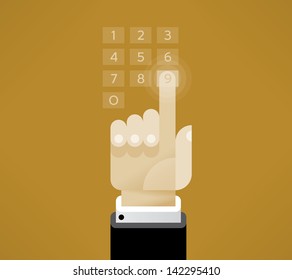 Businessman hand touching virtual number keyboard. Concepts: PIN security password, ATM keyboard, mobilу smartphone dialling calling number, calculation, virtual keyboard